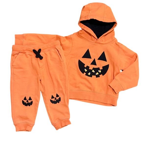Gymboree Other - Gymboree Kids Orange Pumpkin Face Hoodie Sweatshirt Jogger Pants Set 2T